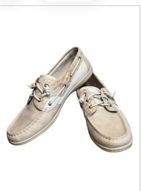 Sperry TopSider Songfish Women’s Linen Oat Boat Shoes Snakeskin Accent Size 10